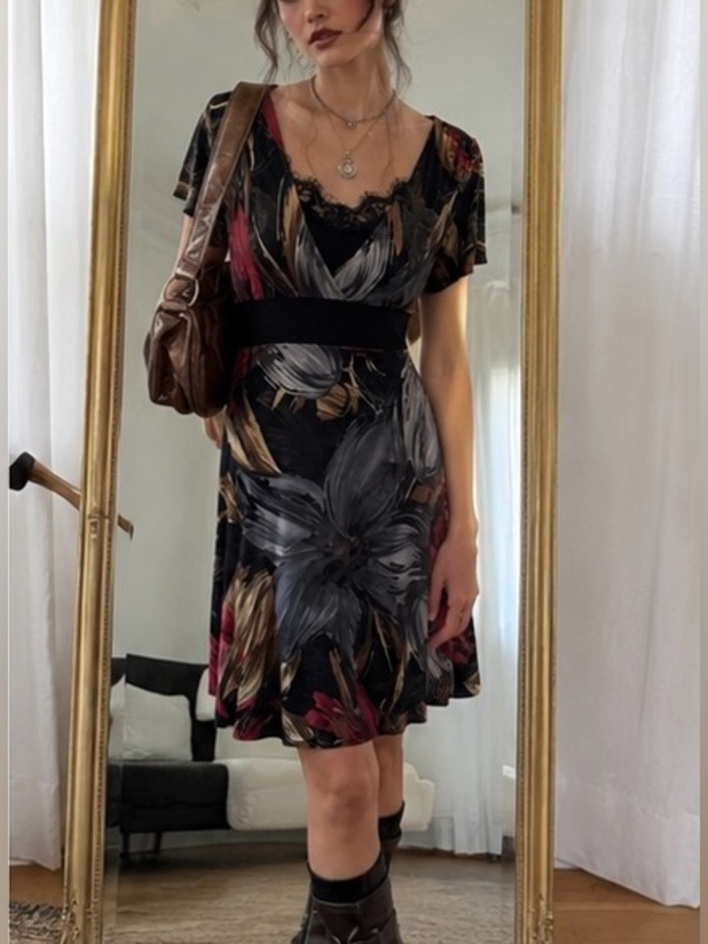 SPARKLING STARS Y2K Dark Floral Empire Waist Midi Dress | Medium